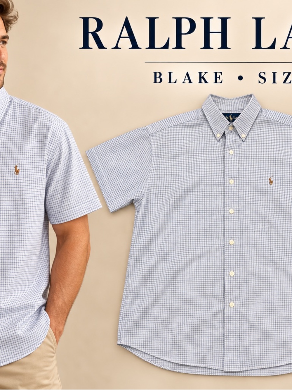 Ralph Lauren Short-Sleeve Button-Down Shirt - Light Blue Check. Size Lg